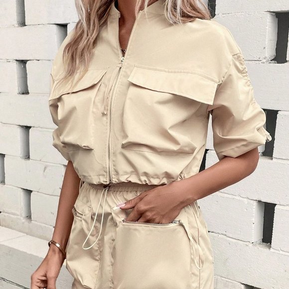 Casual Flap Pocket Drawstring Hem Jacket & Skirt Khaki - Picture 7 of 9